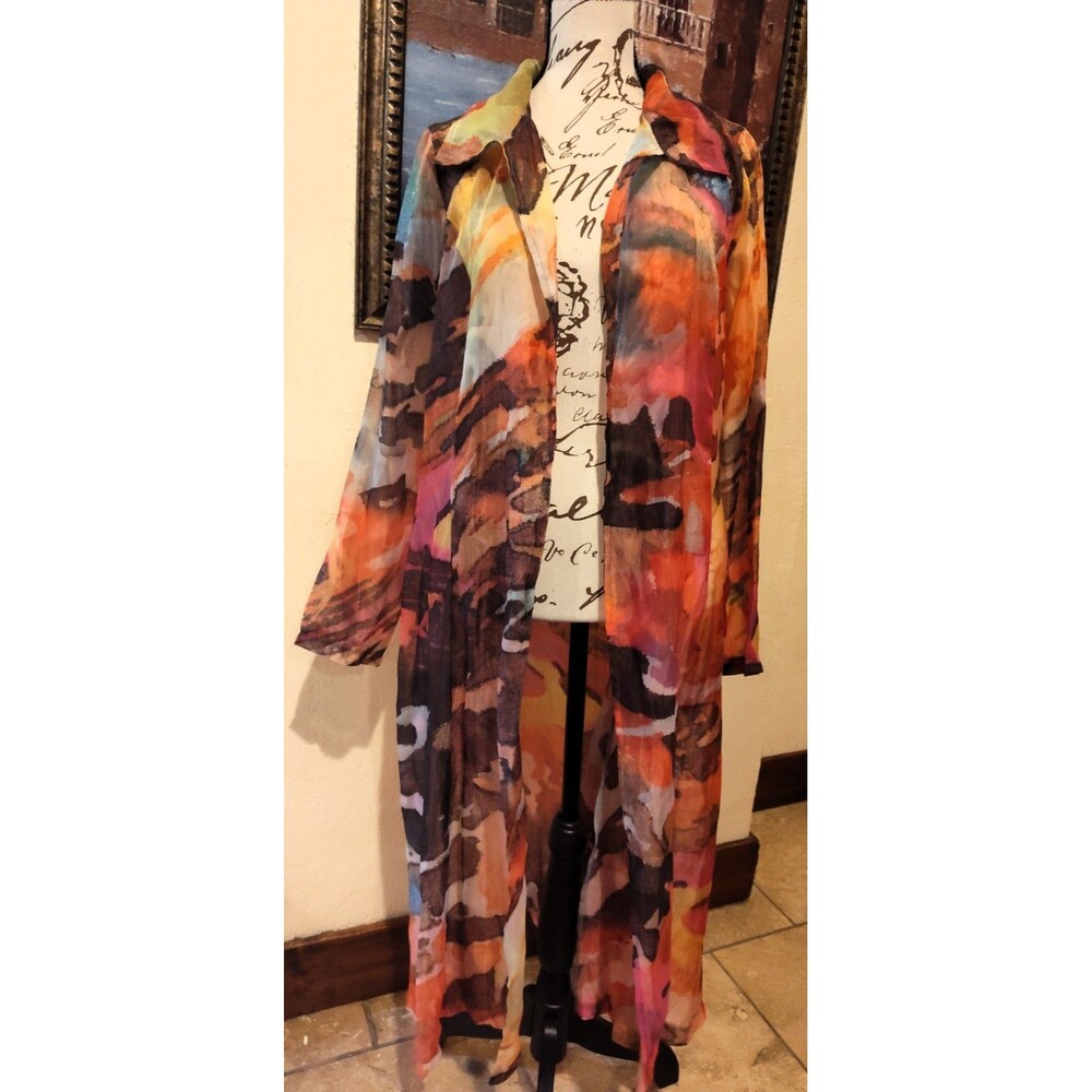 NWT Beautiful ADORE Sheer Open Front Watercolor Shimmer Coral Duster Jacket Sz S